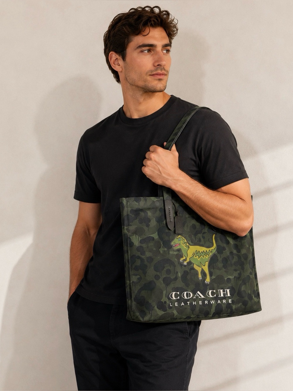 Coach Black Leather Tag Camo Tote